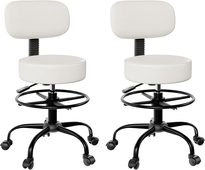 Drafting Chair with Back, Adjustable Foot Rest Rolling Stool (2, White)