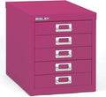 Bisley 5-Drawer Steel MultiDrawer Cabinet - Fuchsia, Chrome Pull Handles with Label Holders, Powder-Coated Steel, Removable Drawers, Desktop Storage, Labels Included