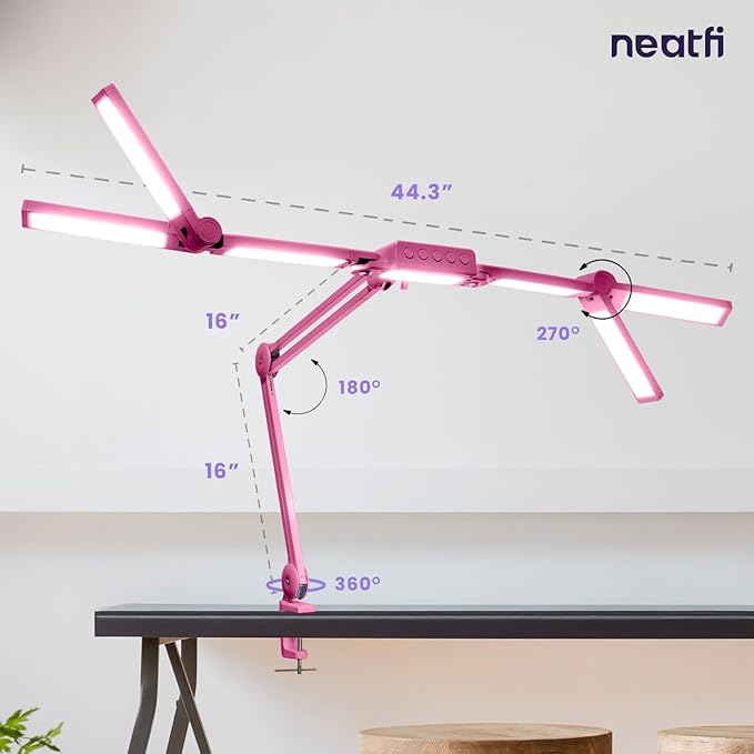 Neatfi 3,000 Lumens LED Desk Lamp, Dimmable, 360 SMD LEDs, 30W, CRI 95, Adjustable Light Modes, Task Lamp for Home Office, Study, Workstation (Pink, 44-Inch, CCT with Clamp)
