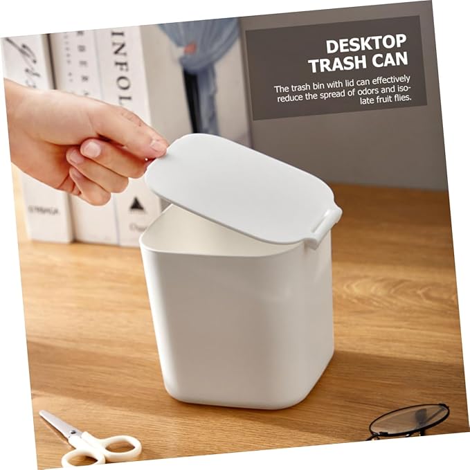 OUNONA Mini Kitchen Trash Can Lid Slim Desktop Trash Bin Plastic White for Kitchen Office