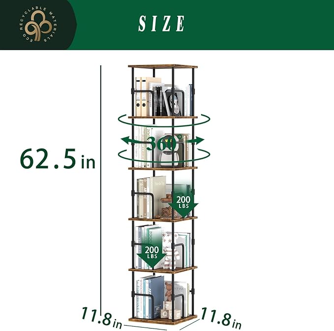 5-Tier Rotating Bookshelf, Freestanding Corner Bookshelf, 360° Spinning Bookcase Industrial Style Storage Rack with Rails, for Living Room, Bedroom, Study