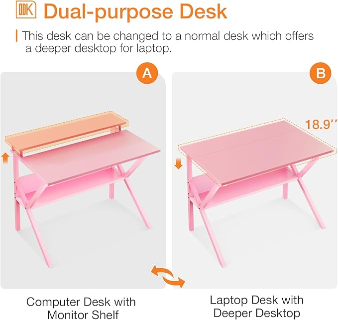 ODK Small Desk, 27.5 Inch Computer Desk for Small Spaces, Study Desk with Storage & Monitor Stand, Pink