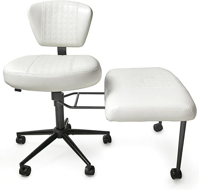 Meditation Chair with Footrest, 360° Swivel Height Adjustable Criss Cross Chair, White PU Padded Wide Seat, Home Office Desk Chair for Reading, Yoga, Peaceful Living