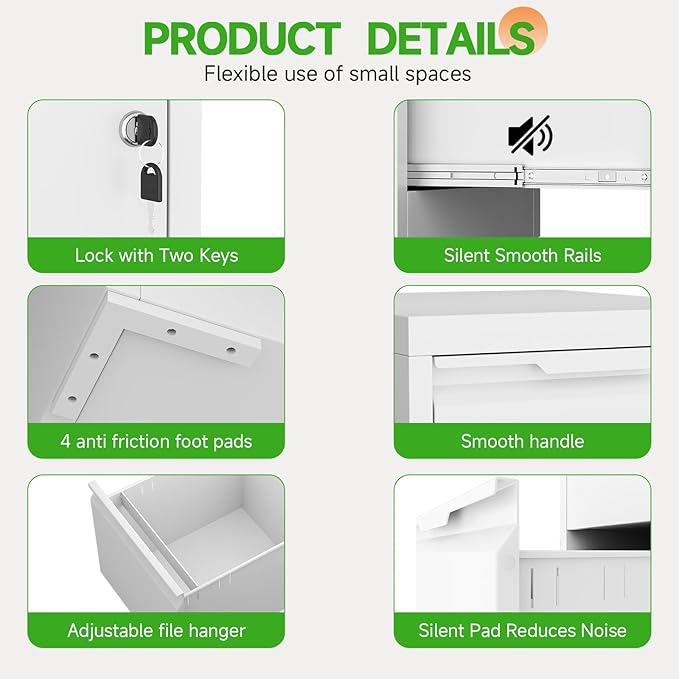 3 Drawer File Cabinet with Lock,Metal Vertical Filing Cabinets for Home Office,Heavy Duty File Storage Cabinet for Letter/Legal/A4/F4 Size File,Easy to Assemble,White