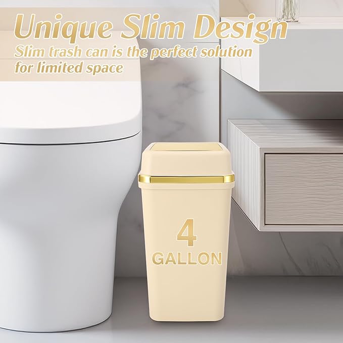 Bathroom Trash Can with Lid 4 Gallon Small Trash Can with Swing Lid Black/White/Beige Bathroom Garbage Can with 225 Counts Trash Bags for Kitchen Bedroom Office