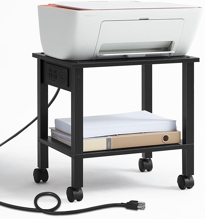 YUFAM 2 Tier Under Desk Printer Stand with Storage, Small Printer Table with Charging Station, Rolling Printer Cart Shelf with Lockable Wheels for Home, Office (Black)