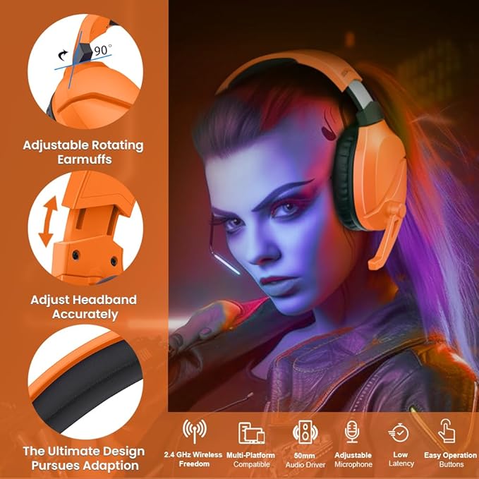 WolfLawS Wireless Gaming Headset with Noise Canceling Microphone for PS5, PC, PS4, 2.4G/Bluetooth Gaming Headphones with USB and Type-c Connector, Wired Mode for Controller - Orange