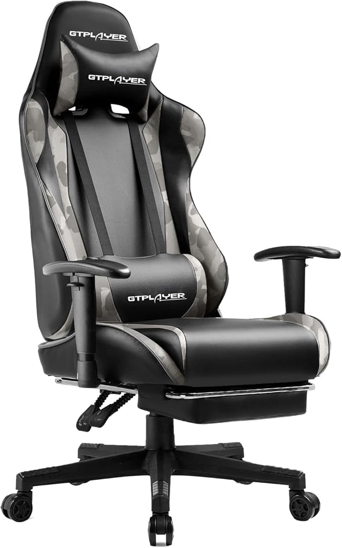 GTPLAYER Gaming Chair with Footrest, Ergonomic Computer Game Desk Chair, Reclining Gaming Chair Seat Height Adjustment, Swivel Rocker with Headrest and Lumbar (Camouflage)