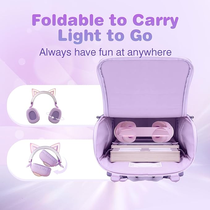Xmenha Cat Ear Headphones for Kids, Cute Children Girl Wireless Bluetooth Headphones for School, Purple Kindergarten Light up Kawaii Kitty Noise Cancelling Headphones for Kids Teens Child Airplane