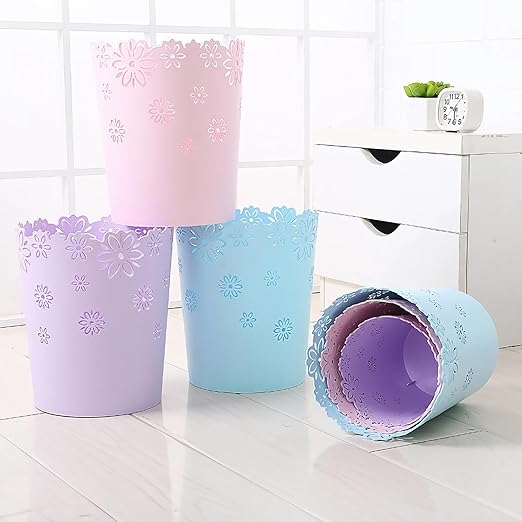 Mini Wastebasket 1.8 Gallons Small Pink Trash can Room Decor Hollow Flower Shape Plastic Lidless Round Garbage Container Bin for Bathroom, Kitchen, Bedroom, Home Office, College Dormitory (Pink, M)