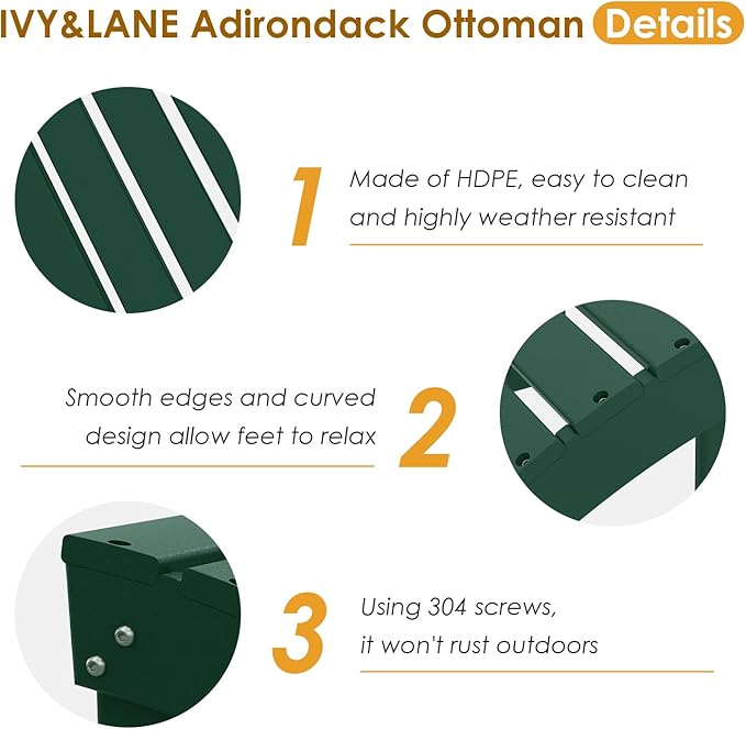 IVY&LANE Outdoor Adirondack Ottoman | Folding | HDPE | Forest Green | All Weather | Waterproof Patio Footrest for Adirondack Chair | Poly Lumber Foot Rest for Deck Backyard