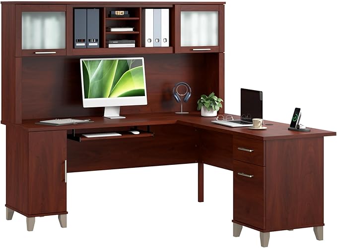 Bush Home Somerset 72W L Shaped Desk with Hutch in Hansen Cherry
