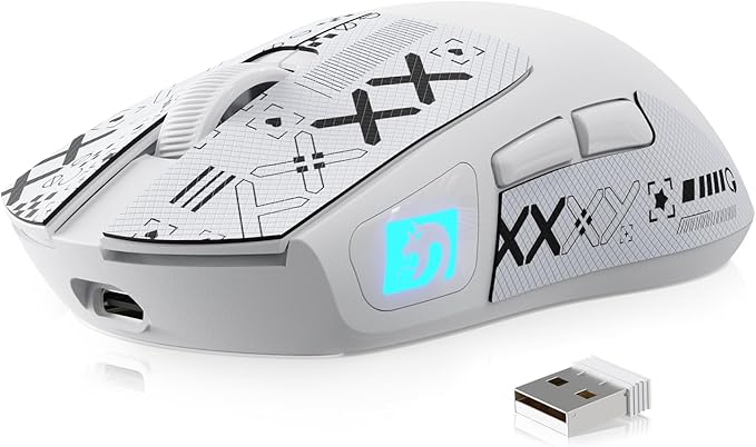 MAMBASNAKE M4 Ultra-Light Wireless Gaming Mouse 52g, 24000 DPI PAW3311 Optical Sensor,2.4G/BT/Wired Ergonomic Computer Mice, RGB Lighting,400mAh Battery，Programmable Mouse for PC/Win/MAC-White &Tape