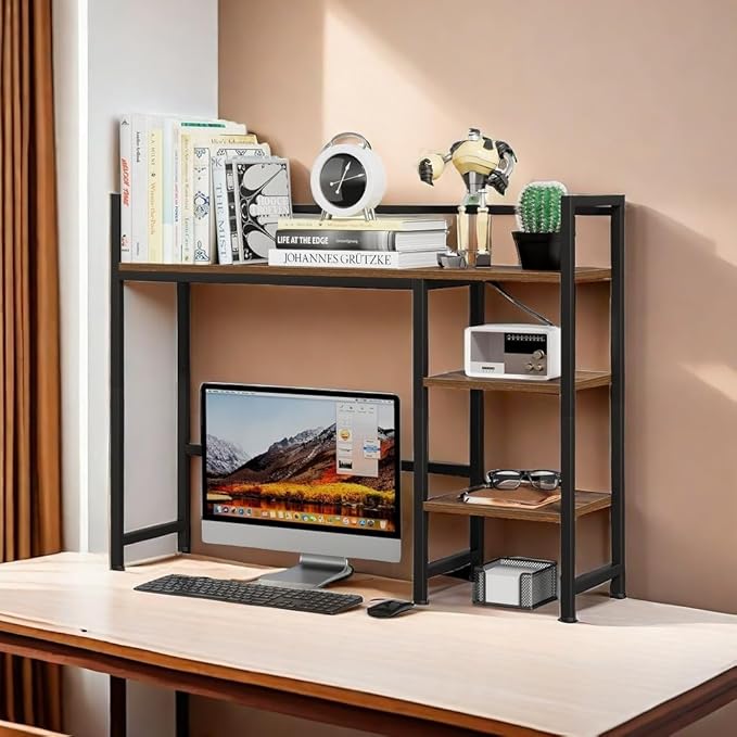 38.6" Desk Shelf with 3 Tier Open Shelves, Bookshelf and Deskshelf to Combined for Computer Desk, Desk Hutch for Top of Desk, Bookshef for Dorm or Office, Adjustable Shelf, Rustic Brown