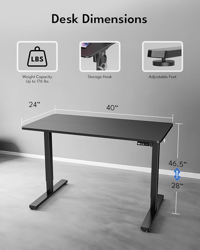 Standing Desk, Height Adjustable Electric Stand up Desk, 40 x 24 Inches Sit Stand Home Office Desk with Splice Board, Black Frame/Black Top