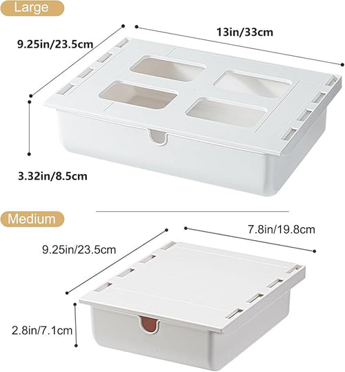 2 Pack Under Desk Drawer, Large & Medium Self-Adhesive Under Desk Organizer, Hidden Under Desk Storage Box Cosmetics Case Stick On Under Table Tray Holder for Cutlery, Office Supplies, Stationery