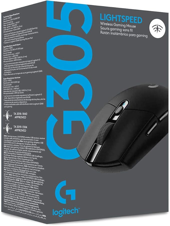 Logitech G305 Lightspeed Wireless Gaming Optical Mouse, Black | Hero Sensor, 12,000 DPI, Lightweight, 6 Programmable Buttons, 250h Battery, Onboard Memory, PC/Mac | Signature Series Microfiber Cloth