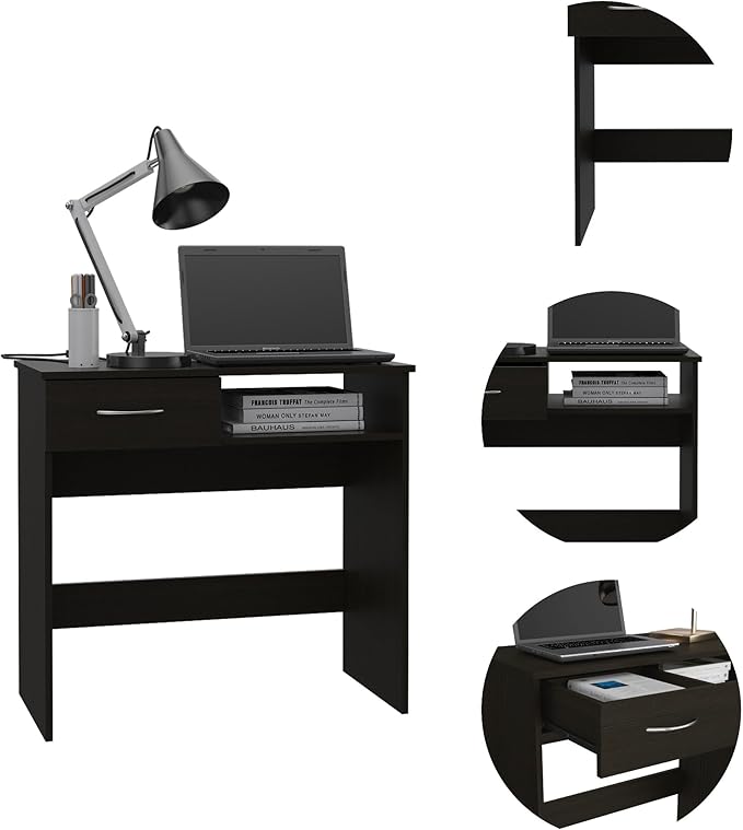 Penau Home Office Set with Desk and Shelf, Lockable Drawer, Engineered Wood Construction, Modern Design, Black Finish