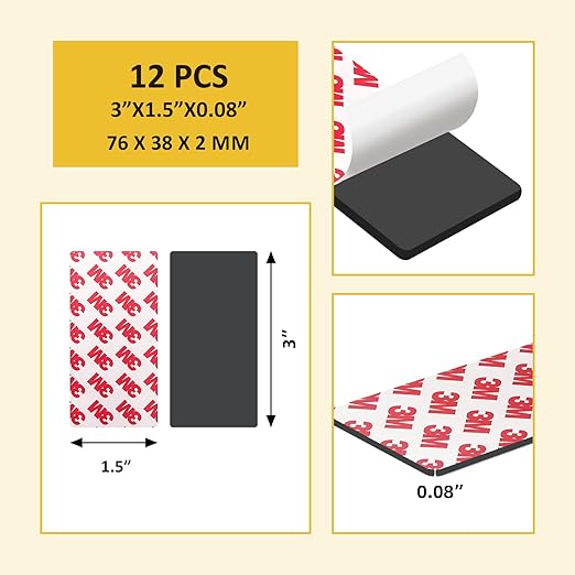 12 Pack, 3" x 1.5" Magnetic Tape, Self Adhesive Magnet Strips Pre-Cut Rectangle, Flexible Magnets Strips Peel and Stick for DIY Crafts Light Art Projects Card Poster to be Magnetic