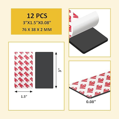 12 Pack, 3" x 1.5" Magnetic Tape, Self Adhesive Magnet Strips Pre-Cut Rectangle, Flexible Magnets Strips Peel and Stick for DIY Crafts Light Art Projects Card Poster to be Magnetic