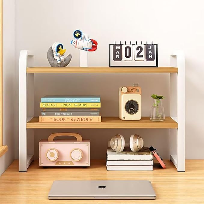 Hbluefat Desktop Organizer Shelf, 2-Tier Adjustable Desk Bookshelf, Tabletop Small Wood Bookcase, Multipurpose Display Storage Rack for Home Office (Wood+White)