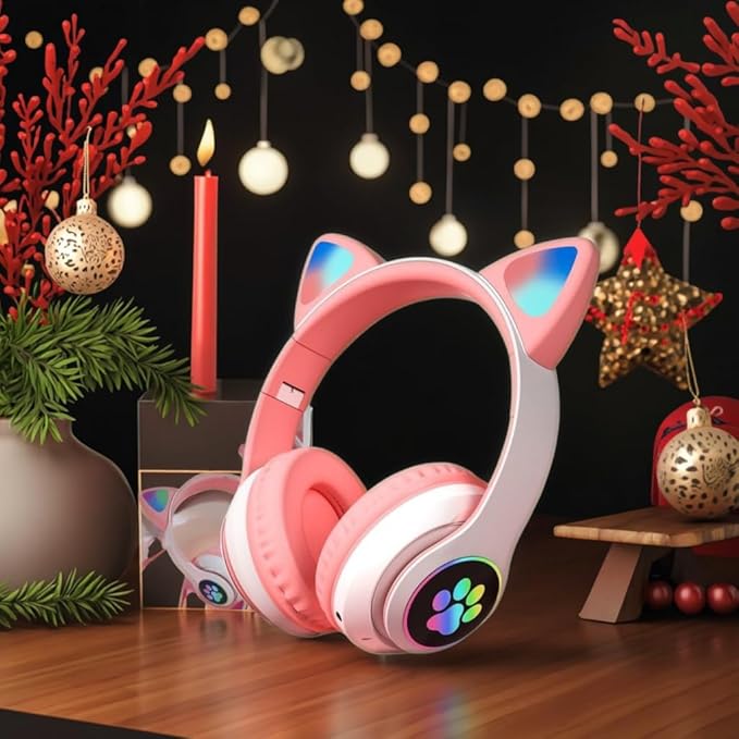 Cat Ear Bluetooth Headphones for Kids & Adults, Wireless Foldable & Wired Multi-Function LED Light Up Over Ear Headphones with Mic and Volume Control for iPhone/iPad/Laptop/PC (White 2)