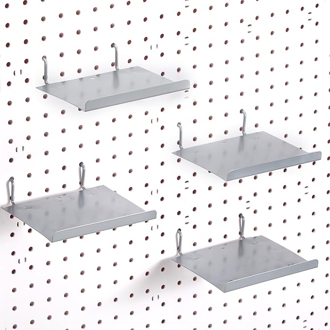 Beeveer 4 Pcs Pegboard Shelves Wall Organizer Brackets Pegboard Steel Tray Accessories Organizing Tools for Craft Garage Nursery Workbench Kitchen(5.91 x 4.72 x 0.63 Inches,Silver)