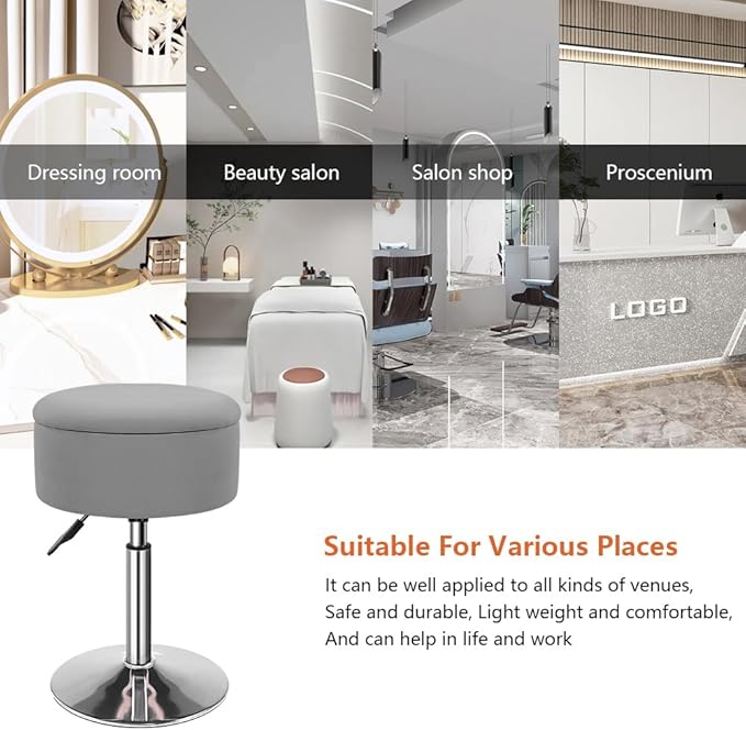 KKTONER Velvet Round Vanity Stool with Storage Height Adjustable Makeup Chair with Swivel Base Non-Slip Small Vanity Stool for Spa Salon Dressing Room Bedroom (Gray)