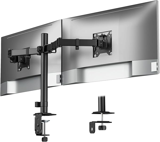 monTEK Stable Dual Monitor Stand for 17"–32” Computer Screens, Heavy-Duty Desk Mount with 22 lbs per Arm, Fully Adjustable Brackets and Arms, Clamp/Grommet Base, VESA 100×100mm Max