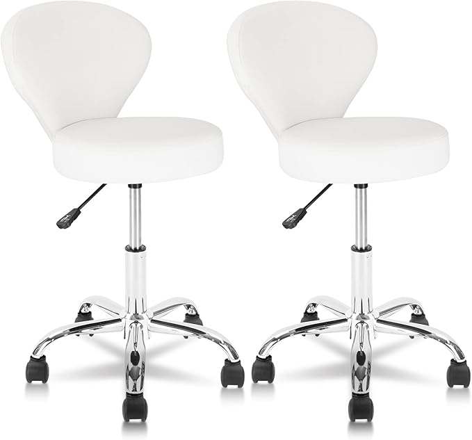 KLASIKA Set of 2 PVC Faux Leather Rolling Swivel Salon Stool Chair with Back Support Adjustable Hydraulic Seat Height 22 in Diameter 15 Inch for Facial Spa Medical Tattoo Beauty Barber White 2 Pack