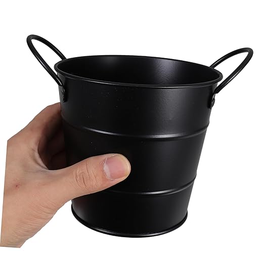 Angoily Mini Iron Trash Can Set Lid Decorative Desktop Wastebasket for Office and Home Compact Black Rubbish Bin for Bedroom Slim Storage Bucket Handle