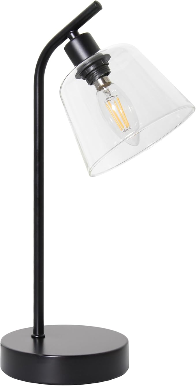 Simple Designs LD1080-BLK 16" Sleek Essentials Modern Industrial Metal Desk Lamp with Clear Glass Shade, for Office, Desk, Nightstand, Dorm Black