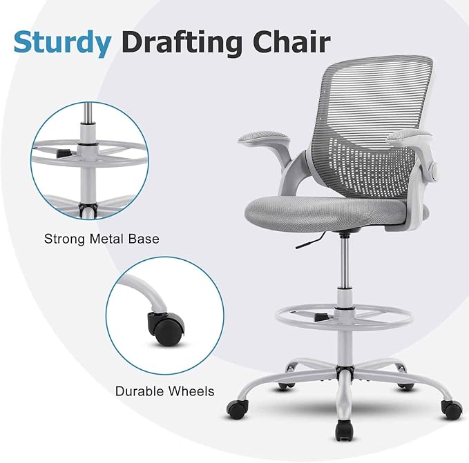 JHK Drafting Tall Office Chair Standing Desk Counter Height Adjustable Chairs with Flip-up Padded Armrests