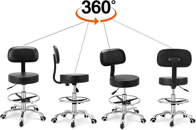 Kaleurrier Rolling Swivel Adjustable Heavy Duty Drafting Stool Chair for Salon Medical Kitchen Lab Clinic Dental Office and Home uses,with Wheels and Back Support (Black with Footrest)