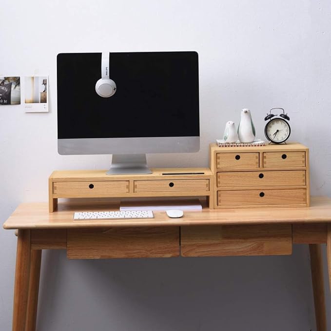 KIRIGEN Wood Monitor Stand with 2 Drawers - Computer Arm Riser Desk Storage Organizer,Speaker TV Laptop Printer Stand with Pen Slot and Cable Management,2-Tier Desktop Shelf NA-2PMJ