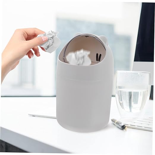 GLEAVI Cute Bear Desktop Trash Can Lid Mini Waste Bin for Office Bedroom and Table Slim Plastic Garbage Container for Home Use