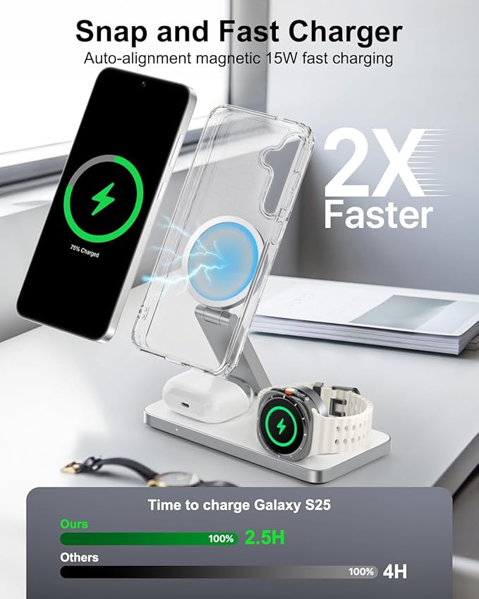 3-in-1 Charging Station for Samsung, Magnetic Fast Wireless Charger Stand Compatible with MagSafe for Galaxy S26/S25/S24/S23/Z Fold/Flip Series, Galaxy Watch Ultra/8/7/6/5, Galaxy Buds Pro/4//3/2