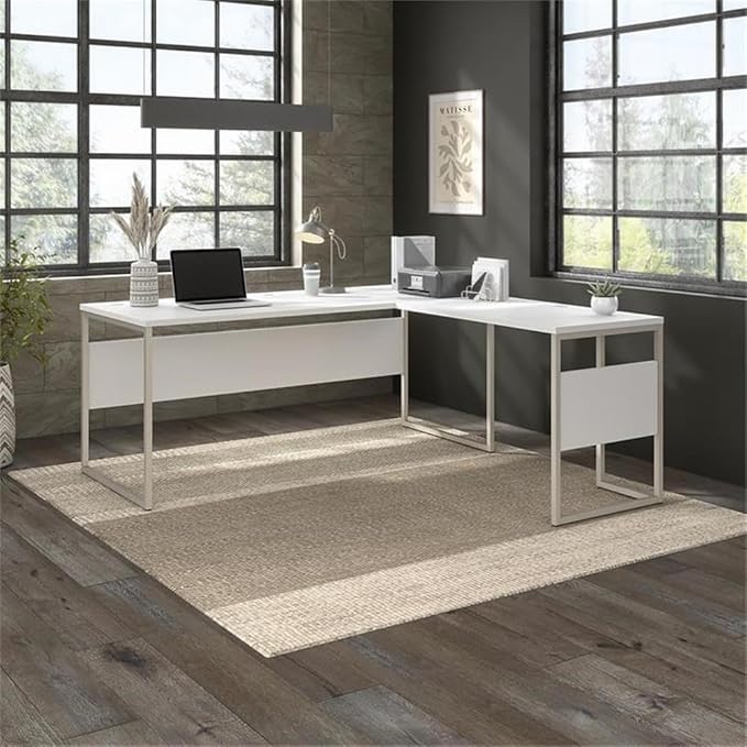Pemberly Row Set of 2 Low Storage Cabinet & L-Shaped Table Desk in White