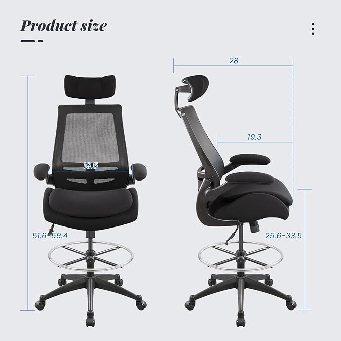 400lbs Ergonomic Drafting Tall Office Chair for Adjustable Standing Desk with Flip-Up Arms, Headrest (with Footring, Black)