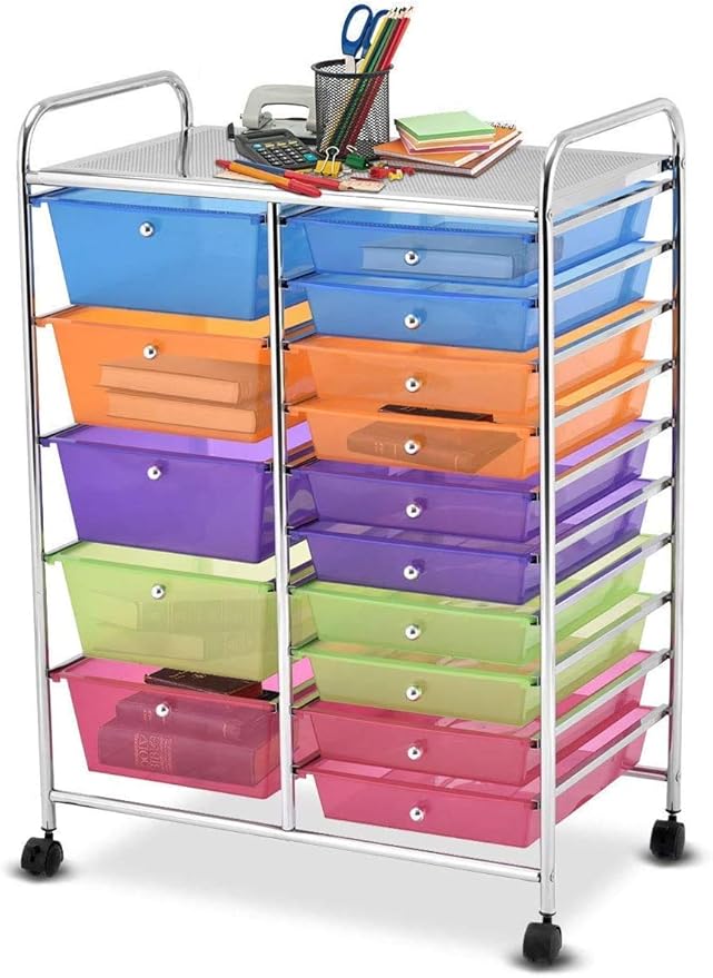 Moccha 15-Drawer Rolling Storage Cart - Under Desk Storage Drawers with wheels for Craft Art Supply Paper Salon, Scrapbook Paper Tools, Mobile Utility Cart for Classroom (15 Drawers, Rainbow)