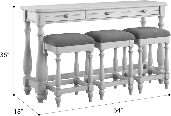 Coastal Desk Table Set with 3 Stools: White Wooden Table & Gray Upholstered Stools - 3 Drawer Workstation for Small Apartments & Home Office Use