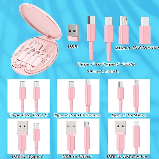 Multi USB Charging Adapter Cable Kit, C to iOS Device Cable Box, Conversion Set USB A & Type C to Male Micro/Type C/iOS Device, Data Transfer, Card Storage, Tray Eject Pin, Phone Holder (White)