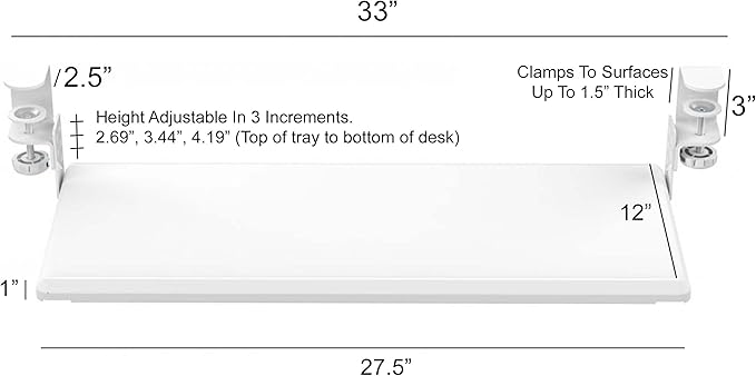 Stand Up Desk Store Large Clamp-On Retractable Adjustable Keyboard Tray | Improve Comfort While Increasing Desk Space - for Desktops Up to 1.5" Thick (33" W x 12.25" D) (White) (Large)