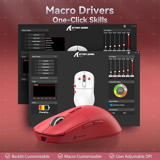 ATTACK SHARK X6 Lightweight Wireless Gaming Mouse with RGB Backlight Charging Base,Tri-Mode Wired/2.4GHz/BT5.2,26K DPI, PAW3395 Optical Sensor,HUANO Switch,5programmable Buttons,PC/Mac(Red)