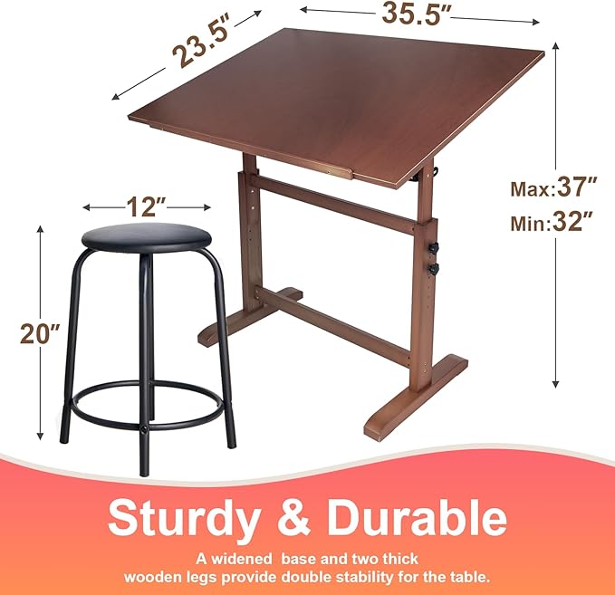 Falling in Art Wooden Drafting Table and Stool Set, Walnut 30" x 42" Adjustable Height and Angle Solid Wood Drawing Desk for Adults, Artist Craft Table for Painting Artwork, Reading, and Writing
