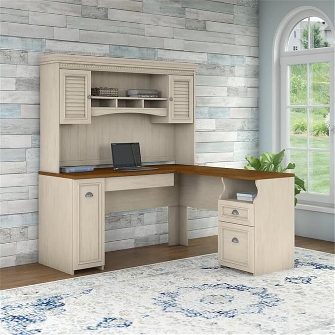 Bush Furniture L Shaped Desk with Hutch, Drawers and Storage Cabinet Fairview Collection Corner Computer Table for Home Office with Pewter Accents 60Wx60Dx69H