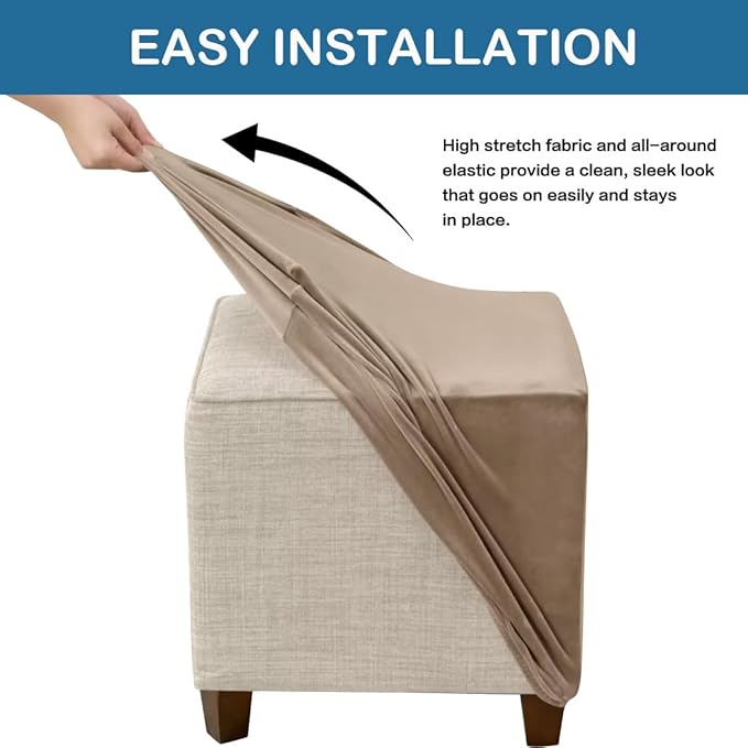 Ottoman Cover Square Velvet Ottoman Covers Protector for Footrest Foot Stool Furniture Stretch Comfortable with Elastic Bottom Small Camel