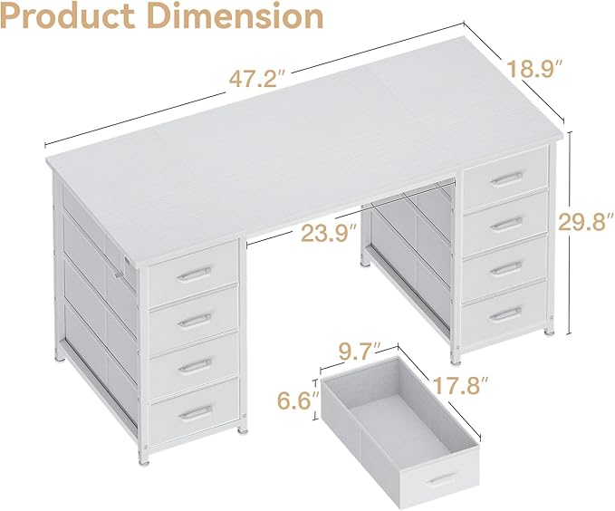 Casaottima 48 Inches Vanity Desk with 8 Fabric Drawers, Modern Office Desk with Large Storage for Home Office, Study, White