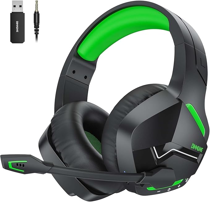 BINNUNE Wireless Gaming Headset for PS5 PC, 120H Ultra-Long Battery, 2.4GHz & Bluetooth 5.3 Wireless Gaming Headphones, PS5 Hadset Wireless with Mic, 50mm Drivers, Comfort Over Ear Headphones,Green