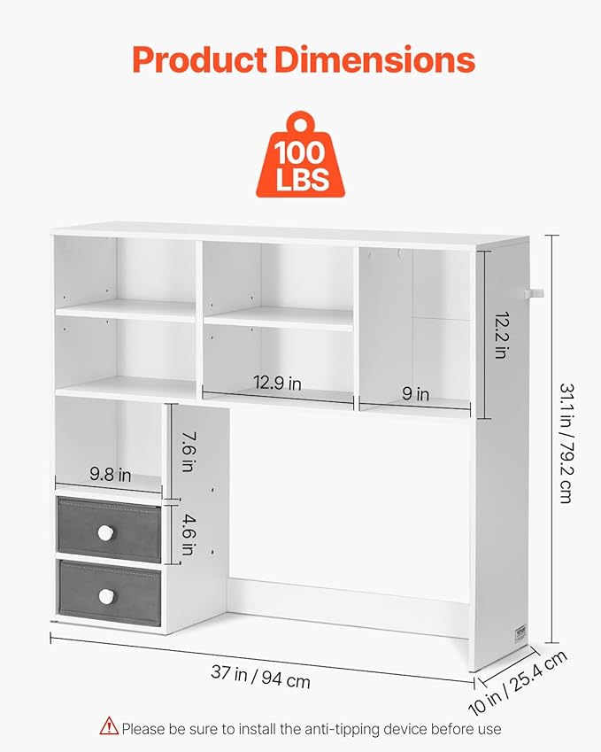 VEVOR Desktop Bookshelf, 3-Tier Desktop Storage Organizer, 37" x 10" x 31.1" Office Storage Rack Wood Display Shelf, Desktop Bookshelf Hutch with 2 Fabric Drawers, for Office, Home & Dorm, White
